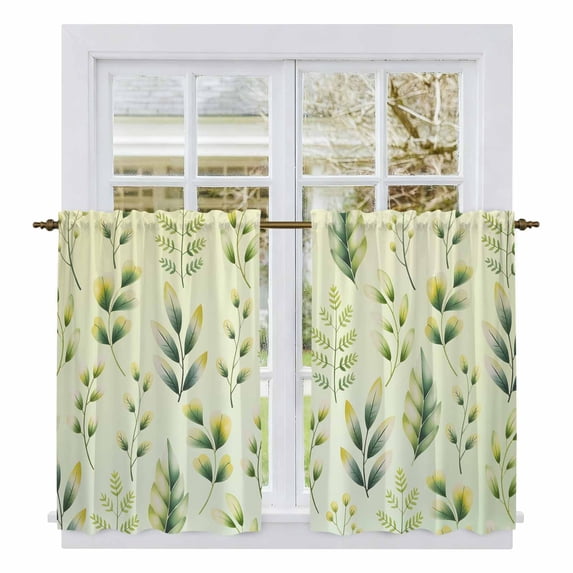 Sage Green Leaves Kitchen Curtains 45 Inch Length, Summer Botanical Farmhouse Leaf Tiers Curtains for Bathroom Bedroom Cafe, Light Filtering Small Window Treatment Short Drapes 2 Panels 42"Wx45"L