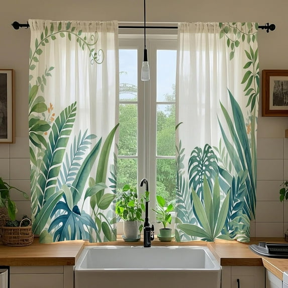 Sage Green Leaves Kitchen Curtains Watercolor Monstera Palm Leaf Small Short Window Curtains Tropical Plant Botanical Bathroom Curtain 2 Panels Window Treatment Tiers Drapes 26x36 Inch