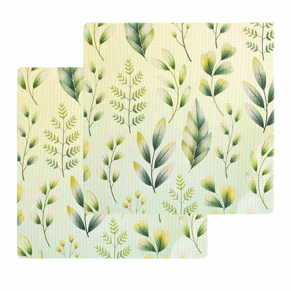 Sage Green Leaves Kitchen Dish Towels for Drying Dishes Set of 2, Summer Botanical Farmhouse Leaf Waffle Weave Microfiber Hand Tea Bathroom Towels Quick Dry & Absorbent Towel 12x12