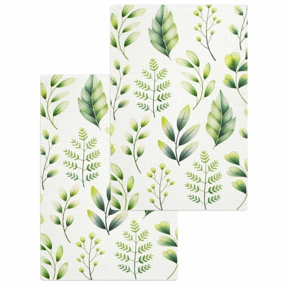 Sage Green Leaves Kitchen Dish Towels for Drying Dishes Set of 2, Summer Botanical Farmhouse Leaf Watercolor Waffle Weave Microfiber Hand Tea Bathroom Towels Quick Dry & Absorbent Towel 15.7x23.6