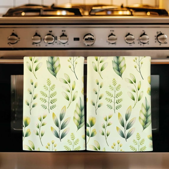 Sage Green Leaves Kitchen Towels Set of 1, Summer Botanical Farmhouse Leaf Absorbent Dish Towels for Kitchen, Microfiber Hand Towel, Quick Drying Tea Towel for Cleaning Decorative Dishcloths