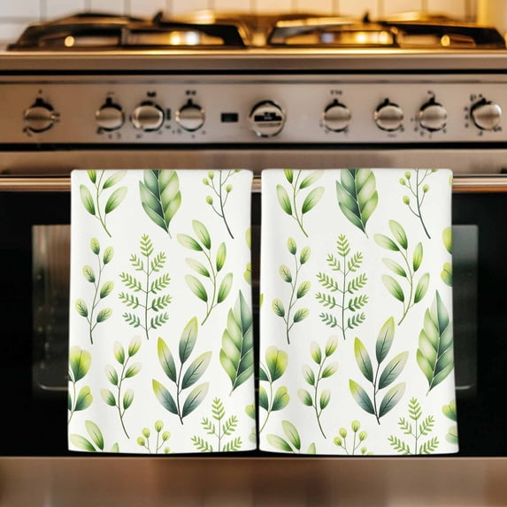 Sage Green Leaves Kitchen Towels Set of 4, Summer Botanical Farmhouse Leaf Watercolor Absorbent Dish Towels for Kitchen, Microfiber Hand Towel, Quick Drying Tea Towel for Cleaning Dishcloths