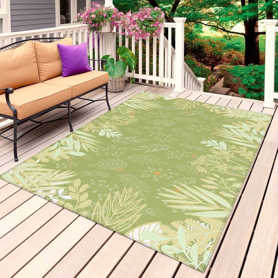 Sage Green Leaves Outdoor Rug 4x6 Ft, Non Slip Washable Area Rug, Summer Botanical Pastoral Patio Rugs Carpet Runner, Large Floor Mat for Indoor/Outdoor Deck Porch Camping
