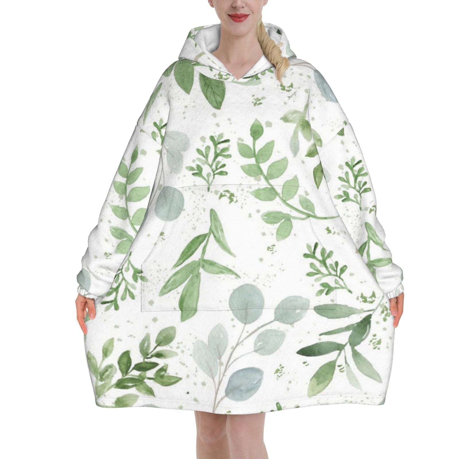 Sage Green Leaves Oversized Blanket Hoodie Wearable Blanket Hoodie For
