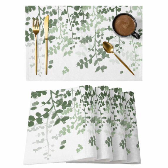 Sage Green Leaves Placemats Set of 12, Summer Botanical Placemats for Dining Table, Place Mats for Kitchen Tabletop, Waterproof Wipeable Dining Table Mats Set