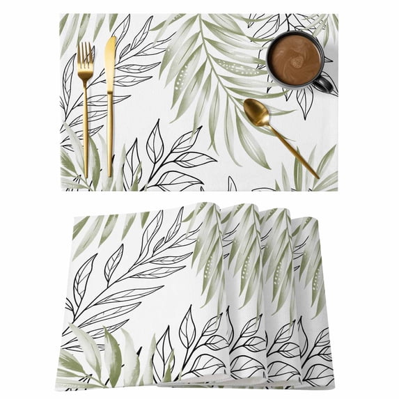 Sage Green Leaves Placemats Set of 6, Abstract Modern Geometric Lines Simple Art Placemats for Dining Table, Place Mats for Kitchen Tabletop, Waterproof Wipeable Dining Table Mats Set