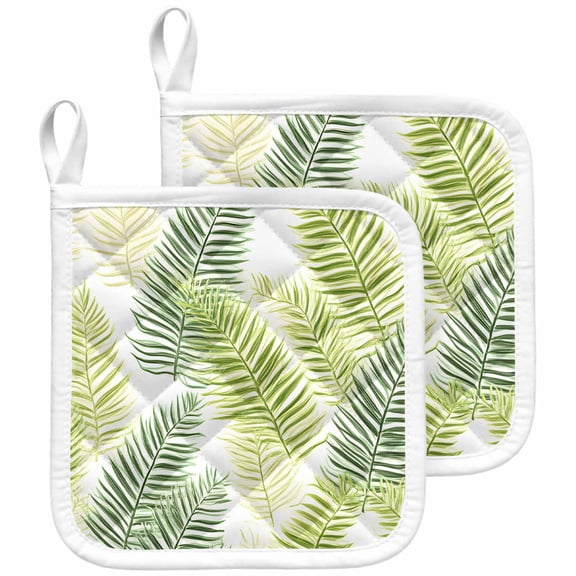 Sage Green Leaves Pot Holders for Kitchen Heatproof Potholder, 2 Pack Summer Botanical Palm Leaf Hot Pads Multipurpose Oven Pads Cloth Potholders Trivet for Cooking and Baking