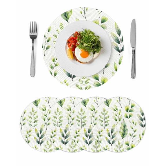 Sage Green Leaves Round 15 Inch Placemats Set of 4, Summer Botanical Farmhouse Leaf Watercolor HeatResistant Non Slip Place Mats for Dining Table, Wipeable Braided Kitchen Table Mats for Housewarming