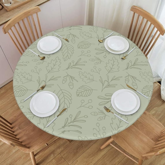 Sage Green Leaves Round Fitted Tablecloth with Elastic Edged Decorative Kitchen Dining Table Cloth Cover Fits 45-52" Round Table