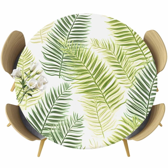 Sage Green Leaves Round Tablecloth 36-44 Inch Round Fitted Table Cloth with Elastic Edge, Summer Botanical Palm Leaf Waterproof Table Cover Protector for Outdoor Picnic Party Dining