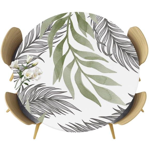 Sage Green Leaves Round Tablecloth 36-44 Inch Round Fitted Table Cloth with Elastic Edge, Willow Leaf Country Botanical Branches Waterproof Table Cover Protector for Outdoor Picnic Party Dining