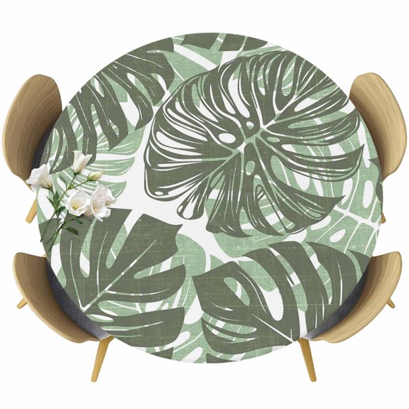 Sage Green Leaves Round Tablecloth 45-54 Inch Round Fitted Table Cloth with Elastic Edge, Summer Botanical Tropical Leaf Waterproof Table Cover Protector for Outdoor Picnic Party Dining