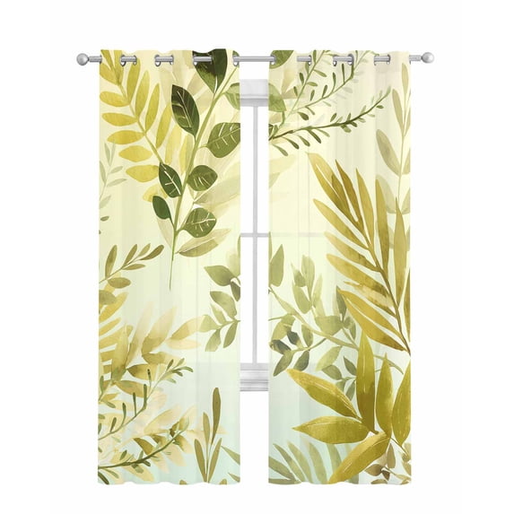Sage Green Leaves Sheer Curtains 63 Inch Length 2 Panels Set for Living Room/Bedroom, Summer Botanical Farmhouse Watercolor Leaf Kitchen Curtains Grommet Curtains Window Treatments 42"x63"x2