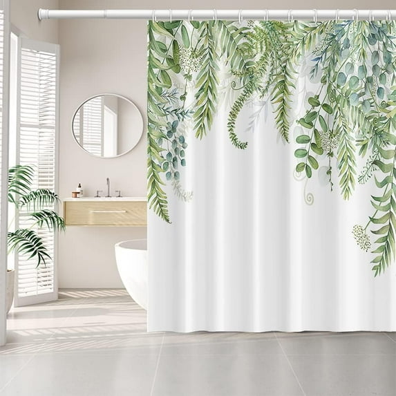 Sage Green Leaves Shower Curtain for Bathroom Tropical Leaf Greenery Botanical Eucalyptus Leaves Watercolor Minimalist Fabric Waterproof Shower Curtain with 12 Hooks, 72x72 Inch