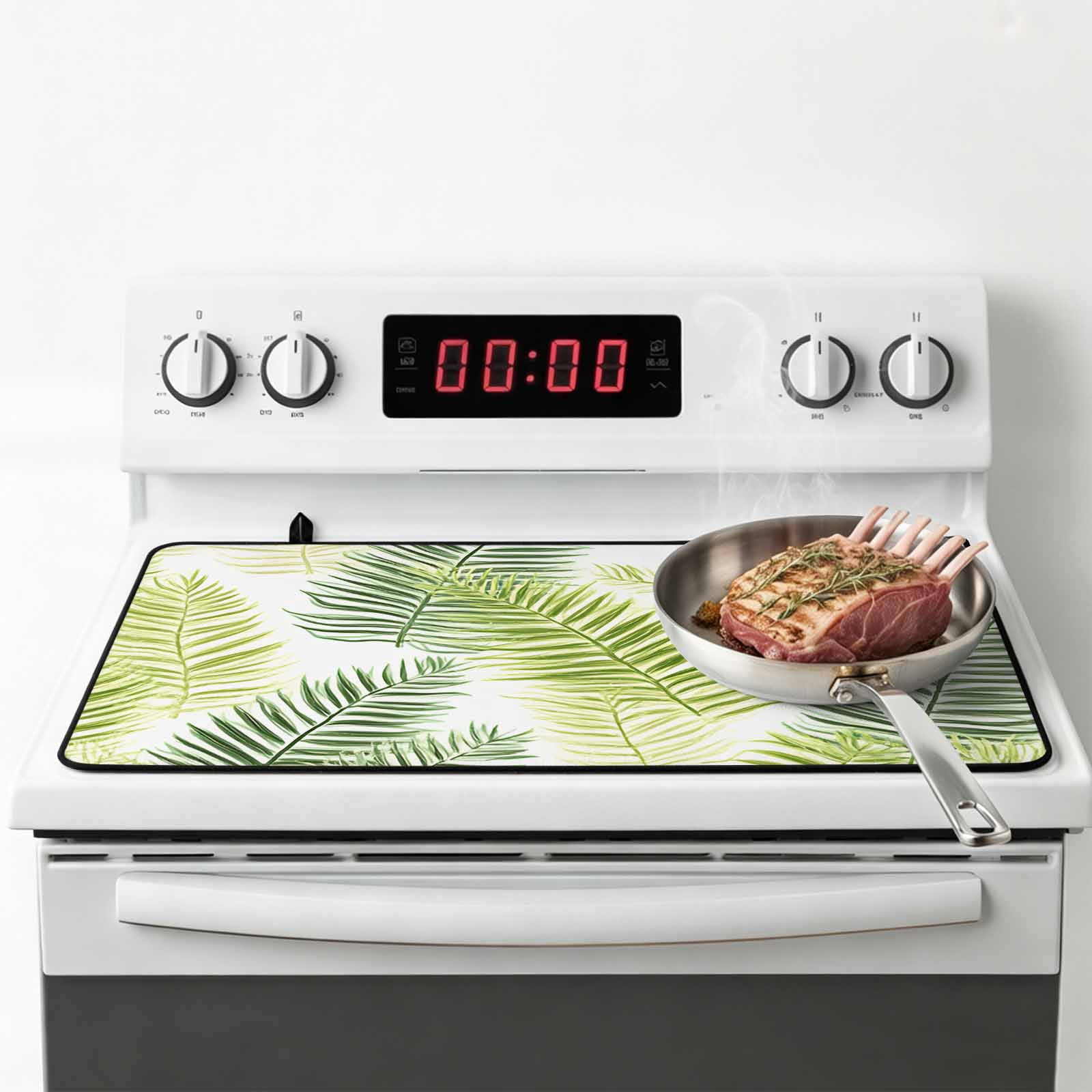 Sage Green Leaves Stove Top Cover for Electric Stove, Heat-proof & Non Slip Glass Top Stove Cover Protector, Summer Botanical Palm Leaf Kitchen Flat Cooktop Rubber Mat 24x21 Inches