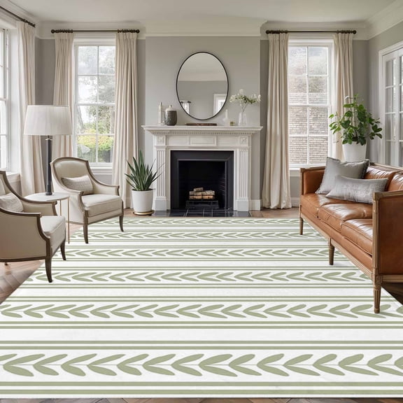 Sage Green Leaves Striped 8'x10' Large Area Rugs Rustic Farmhouse Country Stripe Modern Classic Washable Area Rugs Non-Slip Indoor Floor Mats Large Carpet for Living Room Bedroom Dining Room