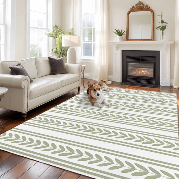 Sage Green Leaves Striped Washable Area Rug 6x9 Rustic Farmhouse Country Stripe Modern Classic Low-Profile Large Area Rugs with Non Slip Backing Indoor Floor Carpet for Entrance Living Room Bedroom