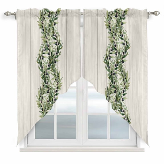 Sage Green Leaves Swag Valances for Windows, Kitchen Curtains 36 Inch Length 2 Panels Set, Summer Botanical Retro Art Wooden Short Curtains for Small Windows Rod Pocket Cafe Curtains Drapes 28"x36"