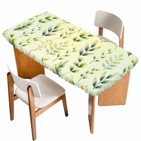 Sage Green Leaves Table Cloths for 6 Foot Rectangle Tables, Summer Botanical Farmhouse Leaf Patio Waterproof Elastic Fitted Tablecloths, Washable Rectangular Table Cover for Camping