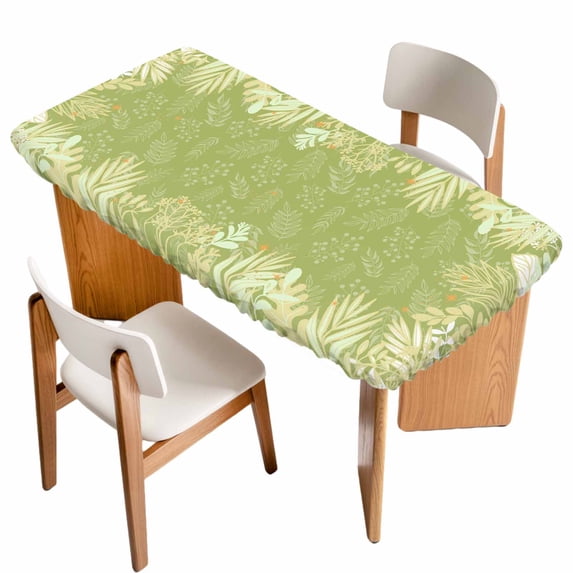Sage Green Leaves Table Cloths for 6 Foot Rectangle Tables, Summer Botanical Pastoral Patio Waterproof Elastic Fitted Tablecloths, Washable Rectangular Table Cover for Camping