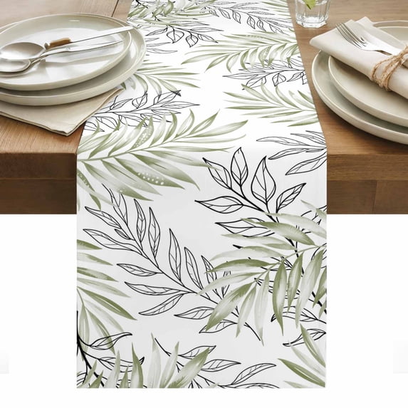 Sage Green Leaves Table Runner - 48 Inch Long, Kitchen Dining Table Runner Dresser Scarves, Abstract Modern Geometric Lines Simple Art Farmhouse Decor for Coffee Tables Wedding Party Banquet