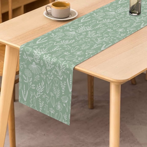 Sage Green Leaves Table Runner 72 In Spring Plants Dining Linen Runner for Table Decorations