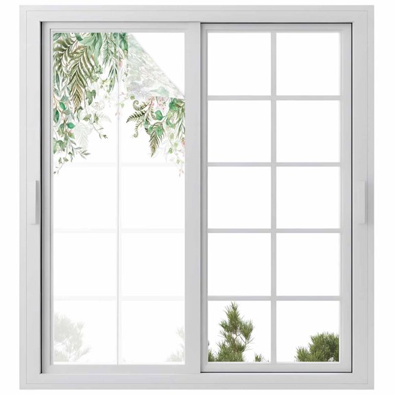 Sage Green Leaves Window Privacy Film, Weeping Spring Floral Elegant Pastoral Static Cling UV Sun Blocking Heat Control Window Tint Day and Night, Non-Adhesive One Way Privacy Cover 23.6''x59''