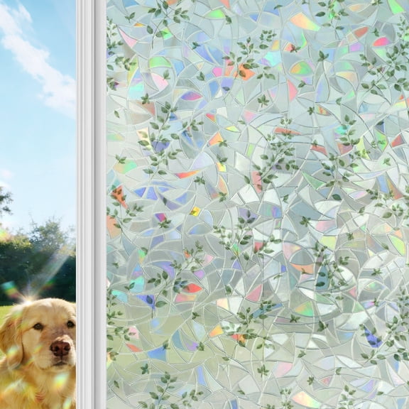 Sage Green Lef Rainbow Window Privacy Film, Country Vintage Minimalist Botanical Print Leaves Stained Glass Window Film, Sun Blocking Static Cling Non Adhesive Door Stickers 17.7 x 39.3 Inches