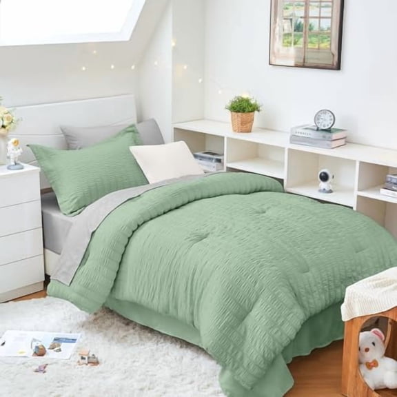 Sage Green/Light Grey Twin XL Comforter Set Seersucker 5 Pieces, All Season Luxury Bed in a Bag for Bedroom, Bedding Set with Comforter, Sheets, Pillowcase & Sham