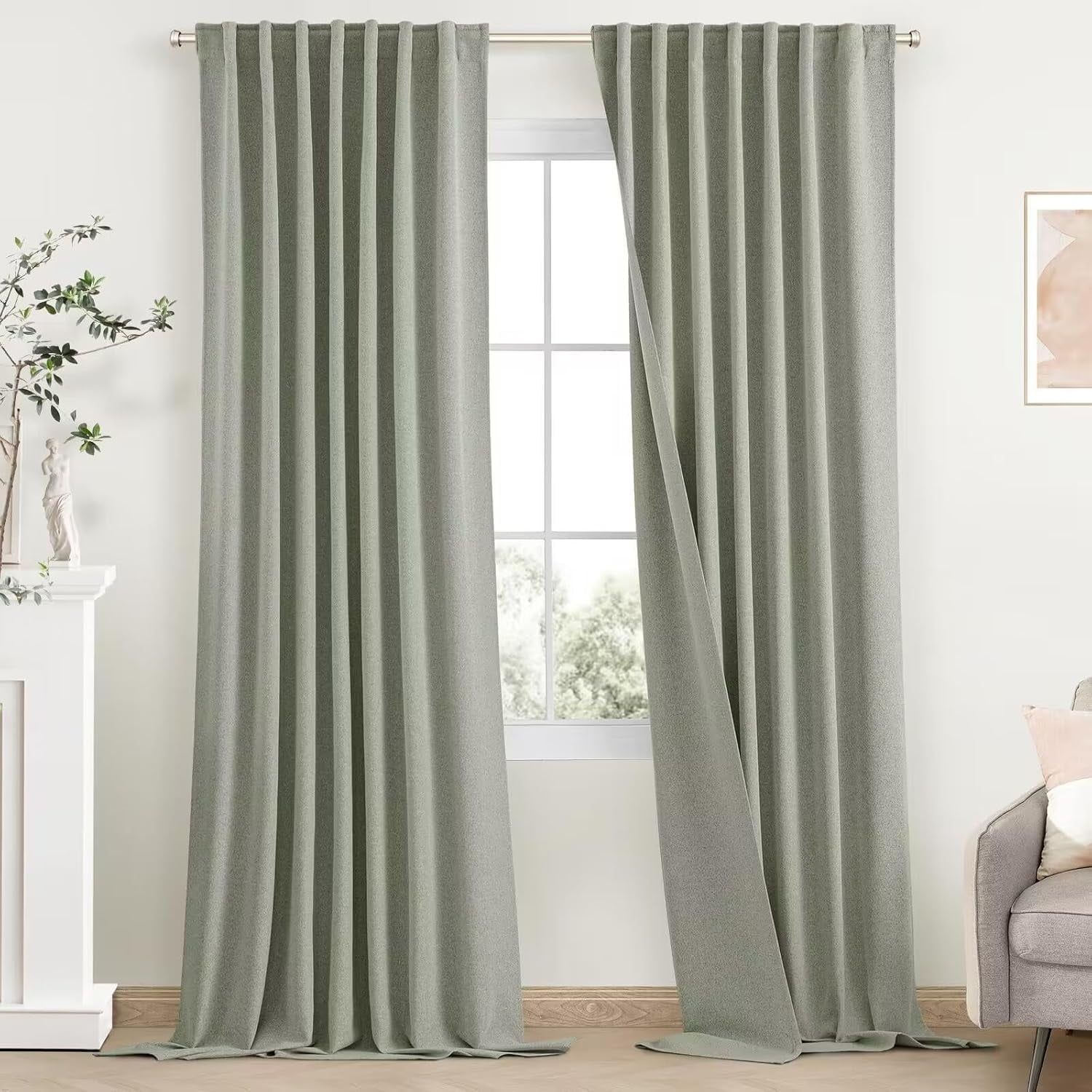 Sage Green Linen Blackout Curtains 72 Inch Length, Farmhouse Style ...