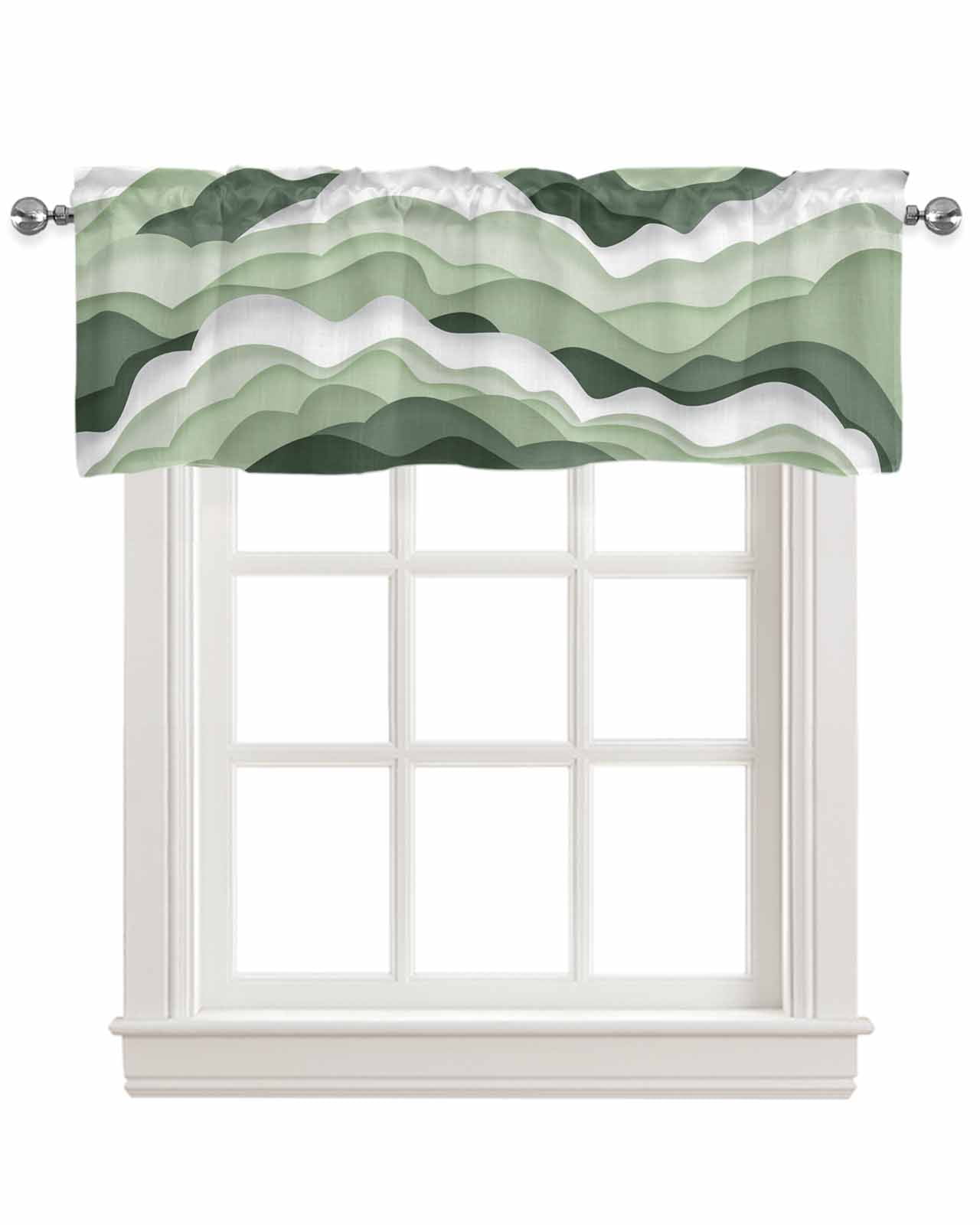 Sage Green Linen Curtain Valance for Bedroom/Bathroom/Kitchen/Office/Living/Dining Room Window,Coastal Ocean Geometric Abstract Wave White Pocket Topper Drapes Decorative Cafe Drapery Panel 54"x18"