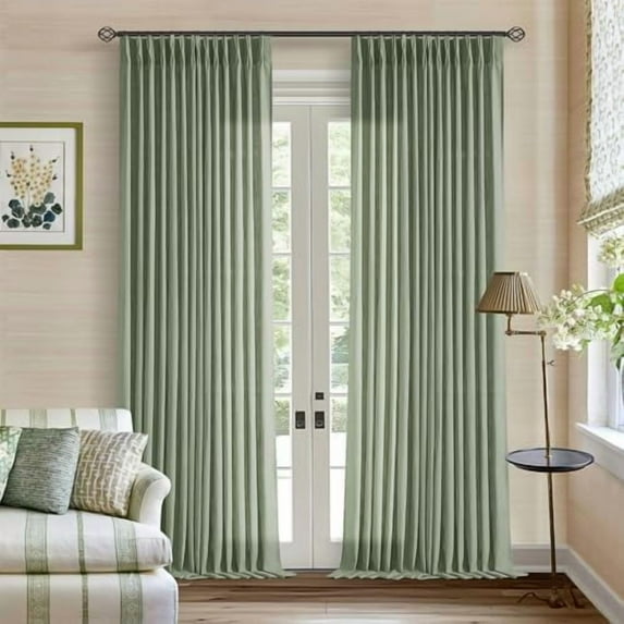 Sage Green Linen Curtains 102 Inches Long 2 Panels for Living Room Modern Thick Linen Flax Pinch Pleated Memory Trained Light Filtering Ceiling Semi Sheer 102 Inch Curtain with Hook Rings Back Tab