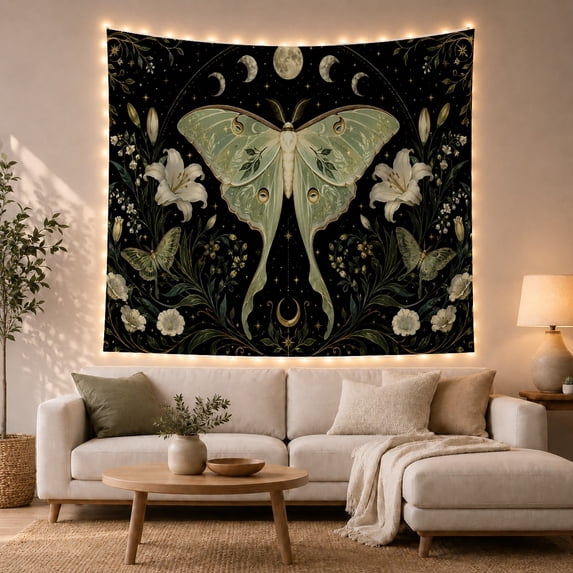 Sage Green Luna Moth With Moon Phases, Serene Celestial Botanical Decor for Nature Lovers, Botanical Wall Art, Housewarming Gift, Tapestry Wall Hanging for Bedroom, Living Room and Dorm