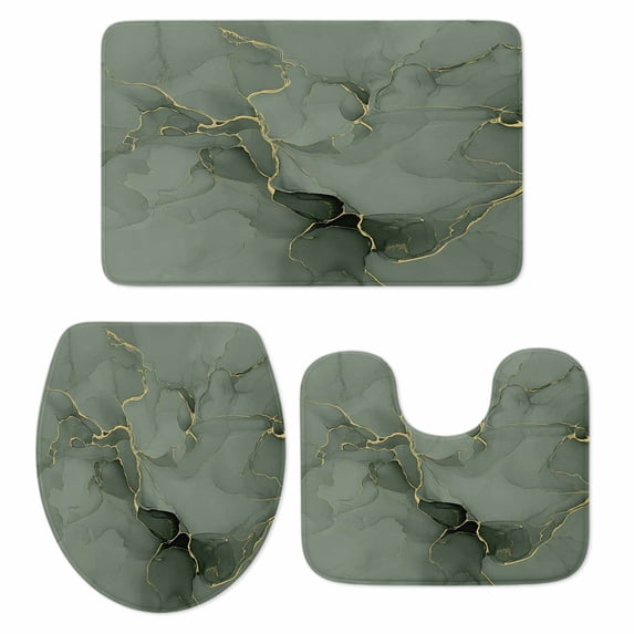 Sage Green Marble Bath Mat 3 Piece Bathroom Rug Set, Modern Abstract Art Ink Painting Non Slip Bath Rug Contour Mat and Toilet Lid Cover, Absorbent Shower Mats Soft Bath Rugs and Mats Sets