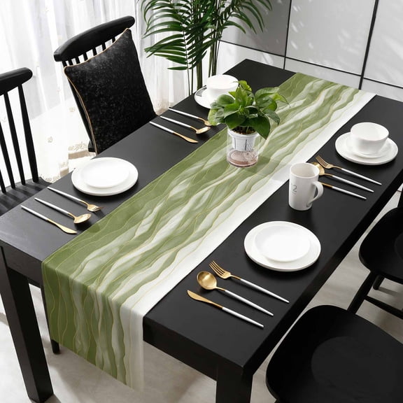 Sage Green Marble Cotton Linen Small Table Runner 13 x 48 inch Abstract Wave Lines Gradient Non-slip Rectangular Dining Table Decor for Wedding Party Holiday Dinner