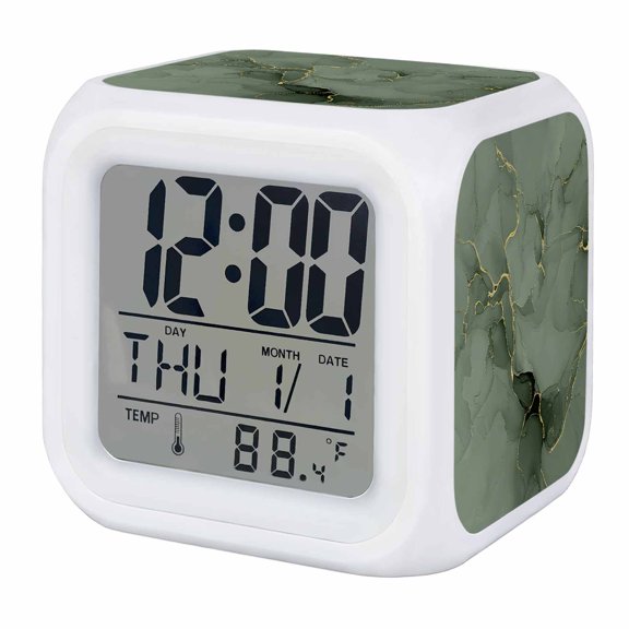 Sage Green Marble Digital Alarm Clock for Bedrooms, Smart LED Alarm Clock with 7 Color Changing Night Light, Modern Abstract Art Ink Painting Silent Wake Up Clocks for Sleep Study Cooking 3.2"x3.2"
