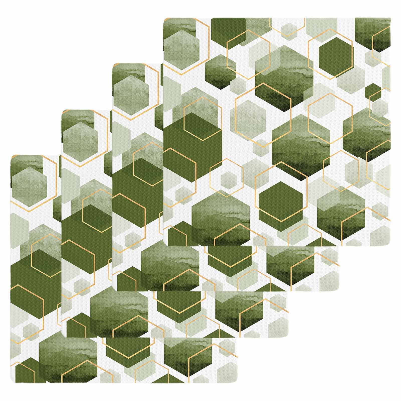 Sage Green Marble Dish Towels Set, Waffle Weave Kitchen Towels 4 Pieces, Gold White Geometric Hexagon Modern Microfiber Hair Face Bath Tea Towel Absorbent Quick Drying Cleaning Dish Cloths 12"x12"