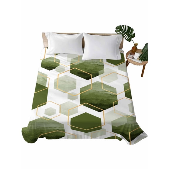 Sage Green Marble Flat Sheet Only Twin Size, Soft Breathable Bed Top Sheets for Mattress, Gold White Geometric Hexagon Modern Luxury Bedding Flat Sheets for Home Hotel Bedroom Bed Protection