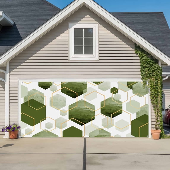Sage Green Marble Garage Door Cover Banner 7 x 16 FT, Gold White Geometric Hexagon Modern Garage Door Curtains Backdrop with Grommets for Indoor Outdoor Wall Party Porch Yard Decorations Background