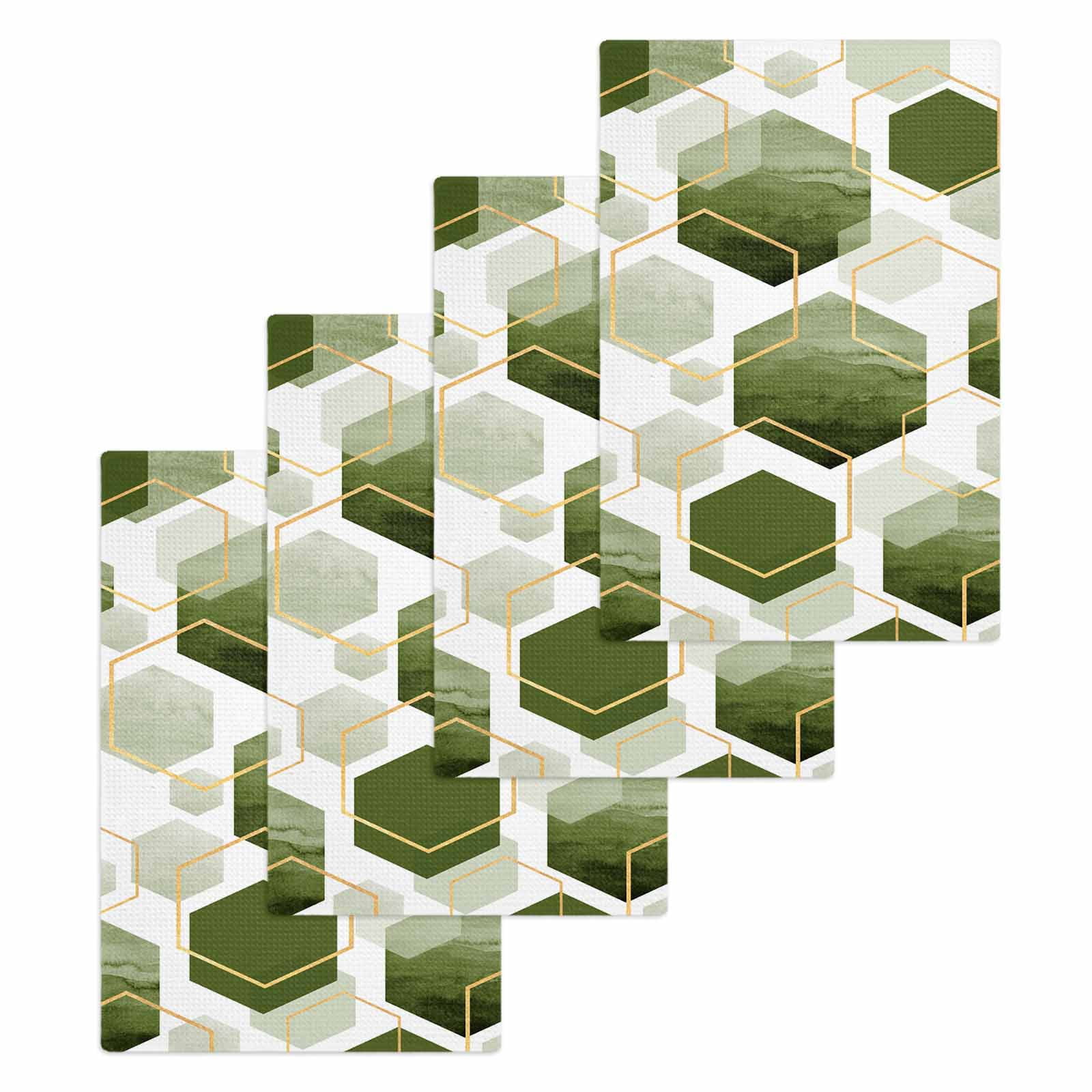 Sage Green Marble Hand Towels Set,Waffle Weave Kitchen Towels 4 Pieces,Microfiber Hair Face Bath Tea Towel Absorbent Quick Drying Cleaning Dish Cloths,Gold White Geometric Hexagon Modern 15.7"x23.6"
