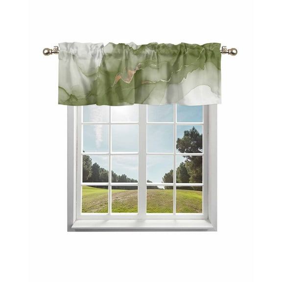 Sage Green Marble Kitchen Curtain Valances for Windows Farmhouse Short Curtains, Modern Ombre Abstract Ink Painting Art Rod Pocket Valance Curtain for Bedroom Cafe Living Room 60"x18"
