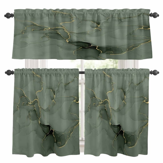 Sage Green Marble Kitchen Curtains Sets for Windows 36 Inch Length, Modern Abstract Art Ink Painting Rod Pocket Window Treatments Tier Curtains and Valances Set for Bedroom/Bathroom