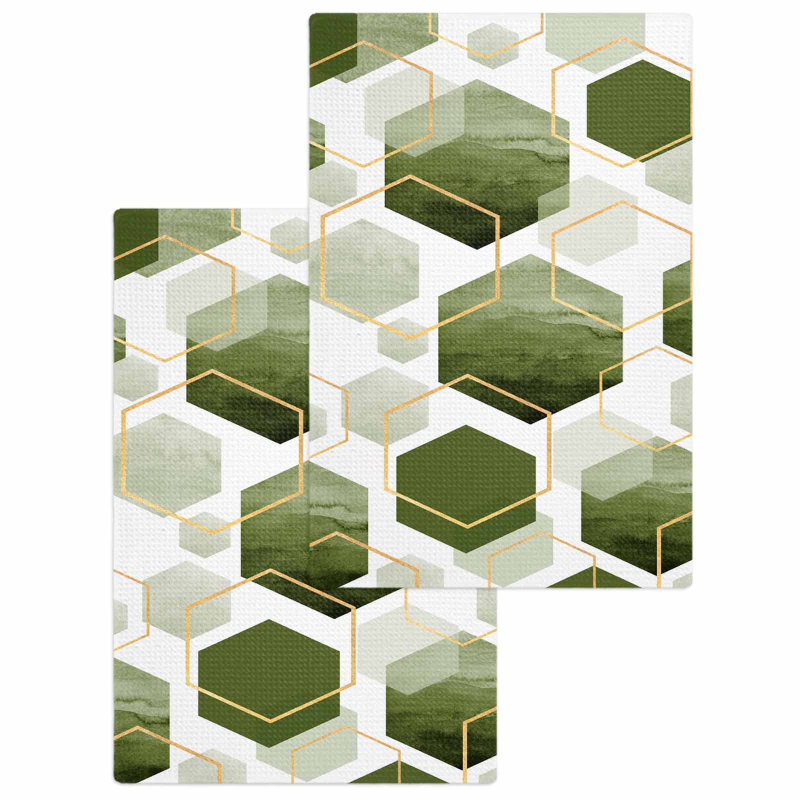 Sage Green Marble Kitchen Dish Towels for Drying Dishes Set of 2, Gold White Geometric Hexagon Modern Waffle Weave Microfiber Hand Tea Bathroom Towels Quick Dry & Absorbent Towel 15.7x23.6