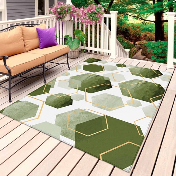 Sage Green Marble Outdoor Rug 5x7 Ft, Non Slip Washable Area Rug, Gold White Geometric Hexagon Modern Patio Rugs Carpet Runner, Large Floor Mat for Indoor/Outdoor Deck Porch Camping