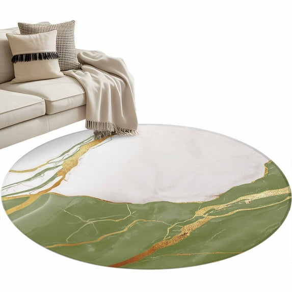 Sage Green Marble Round Area Rug 4 FT, Non Slip Indoor Outdoor Rug, Nature Marble Crack Yellow Lines Washable Soft Circular Carpet Non-Shedding Floor Mat for Coffee Table Nursery Foyer Balcony