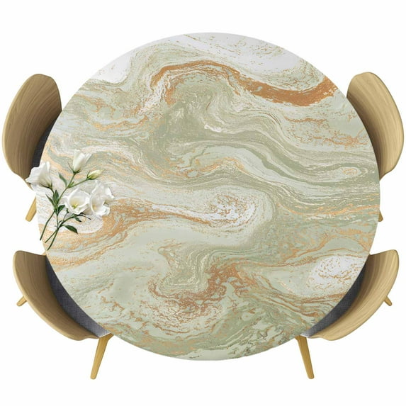 Sage Green Marble Round Tablecloth 45-54 Inch Round Fitted Table Cloth with Elastic Edge, Contemporary Abstract Fluid Art Waterproof Table Cover Protector for Outdoor Picnic Party Dining