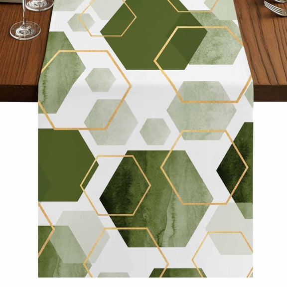 Sage Green Marble Short Table Runner 36 Inches Long,Gold White Geometric Hexagon Modern Cotton Linen Table Runners Dresser Scarves,Fabric Tabletop Scarf Furniture Cover for Home Dinner Party 13"x36"