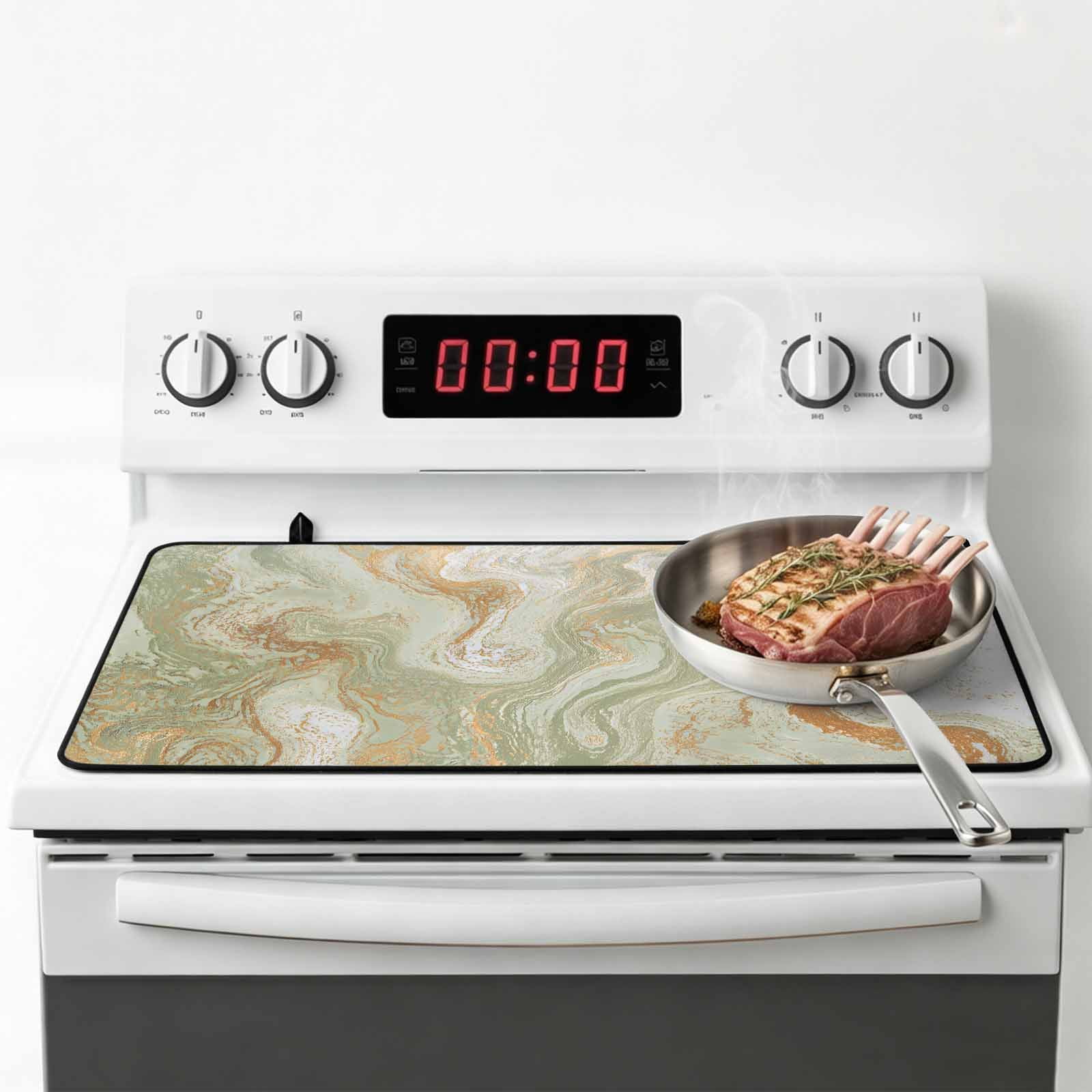 Sage Green Marble Stove Top Cover for Electric Stove, Heat-proof & Non Slip Glass Top Stove Cover Protector, Contemporary Abstract Fluid Art Kitchen Flat Cooktop Rubber Mat 36x21 Inches