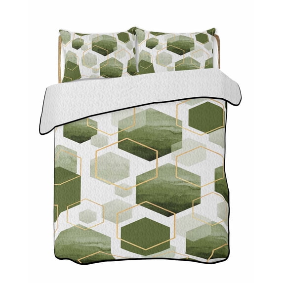 Sage Green Marble Summer Quilt Set Twin Size,Soft Microfiber Quilted Bedding Set with 2 Pillow Shams,Gold White Geometric Hexagon Modern Lightweight All Season Bedspread Coverlet for Bedroom 68"x86"