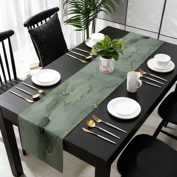 Sage Green Marble Table Runner 36 Inches Small, Modern Abstract Art Ink Painting Kitchen Dining Burlap Linen Tablerunner for Small/Round/Square/Wedding/Coffee/Dining Table Party Home Décor 13 x 36